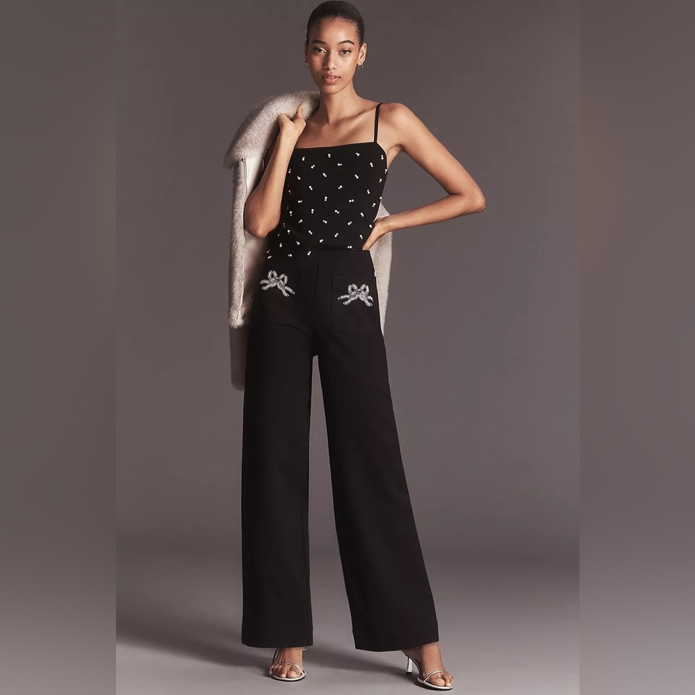 NWT! Anthro Maeve Colette Embroidered High-Rise Wide-Leg Full-Length Pants - 🍯